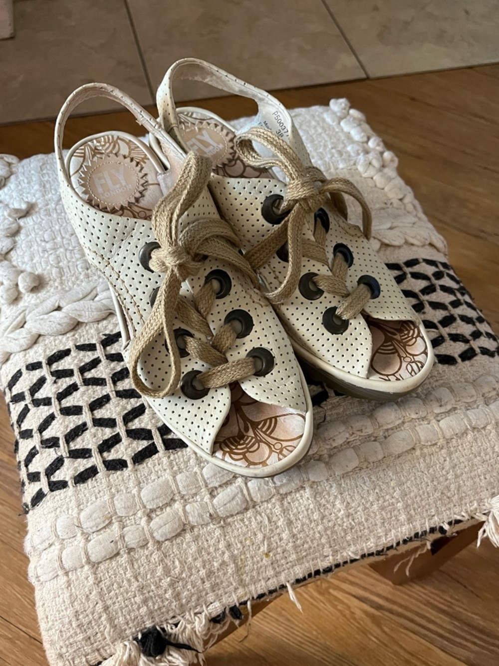 Fly London Cream Perforated Lace-Up Slingback Sandals